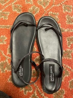 Pedro Garcia Black Leather Toe-Loop Sandals with Ankle Strap